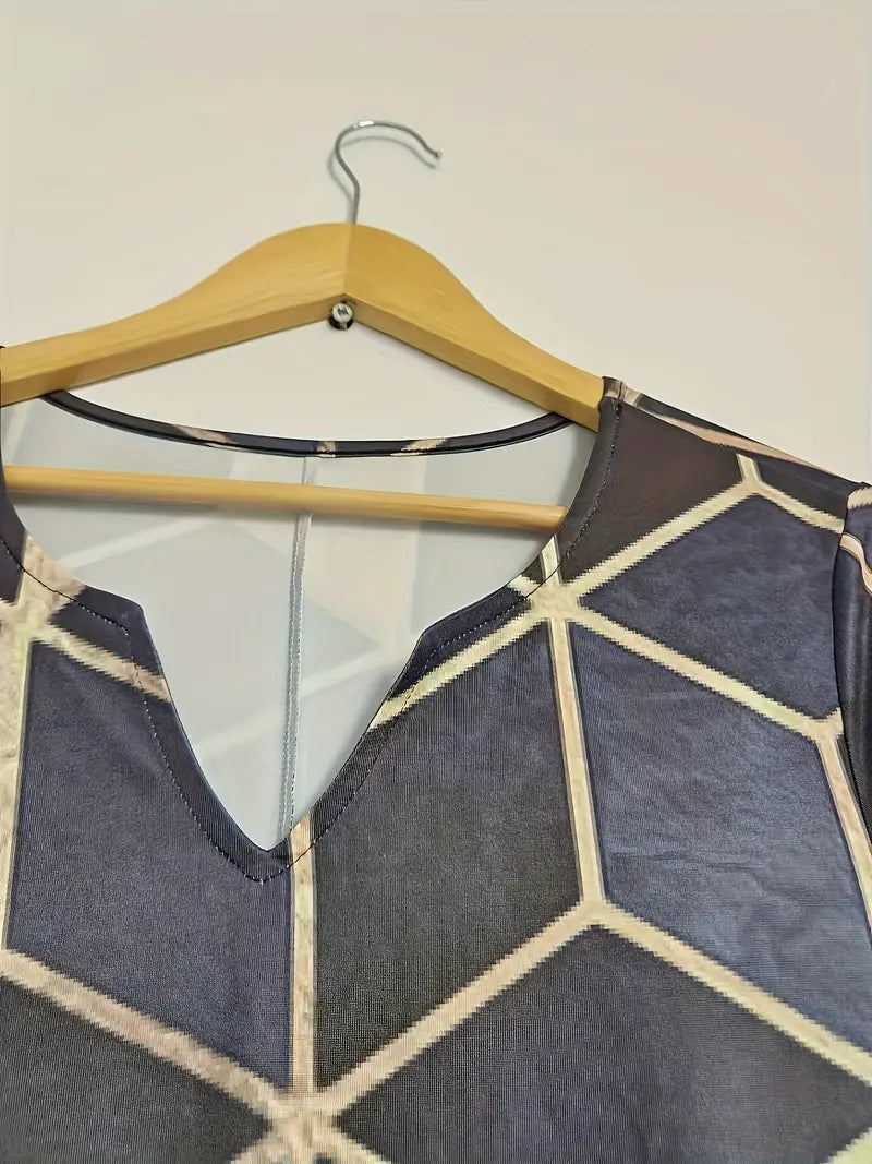 Elegantes geometrisches Farbblock-Midikleid - V-Ausschnitt