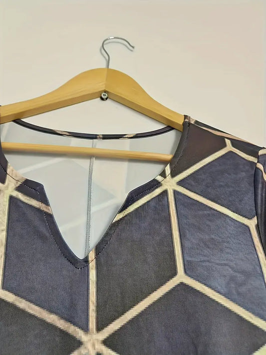 Elegantes geometrisches Farbblock-Midikleid - V-Ausschnitt