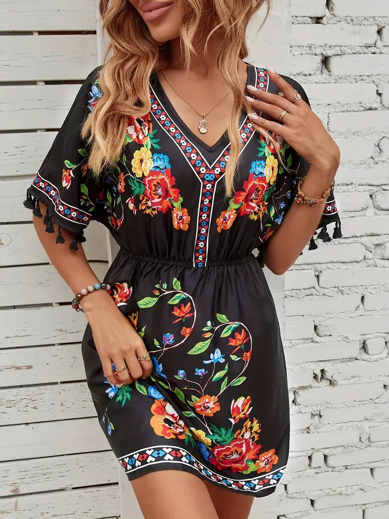 Elegantes Tassel Blumenmuster V-Ausschnitt Kleid für Damen