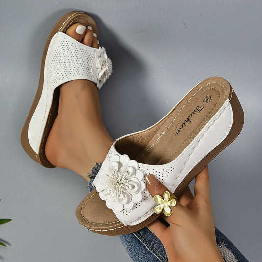 Keilabsatz Sandalen Bequeme Slip-On Schuhe mit Blumen-Deko
