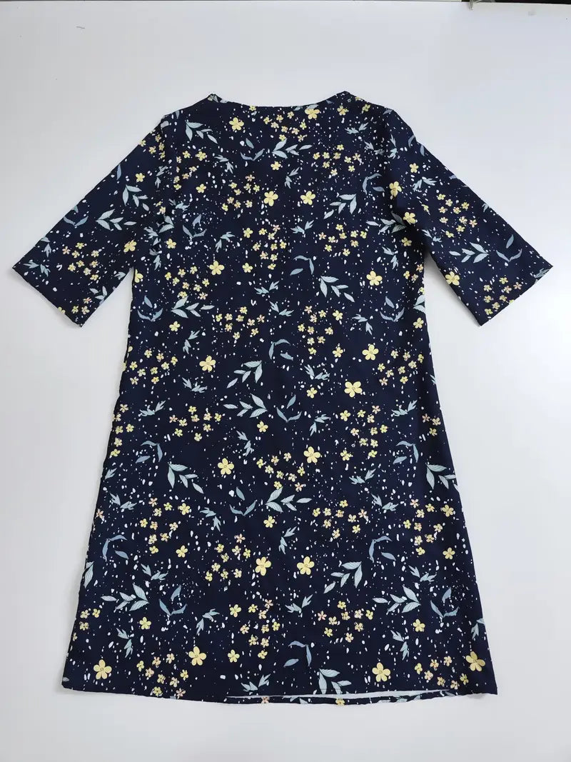 Floral Print V-Ausschnitt Lockeres Kleid, Lässiges Kleid mit halben Ärmeln