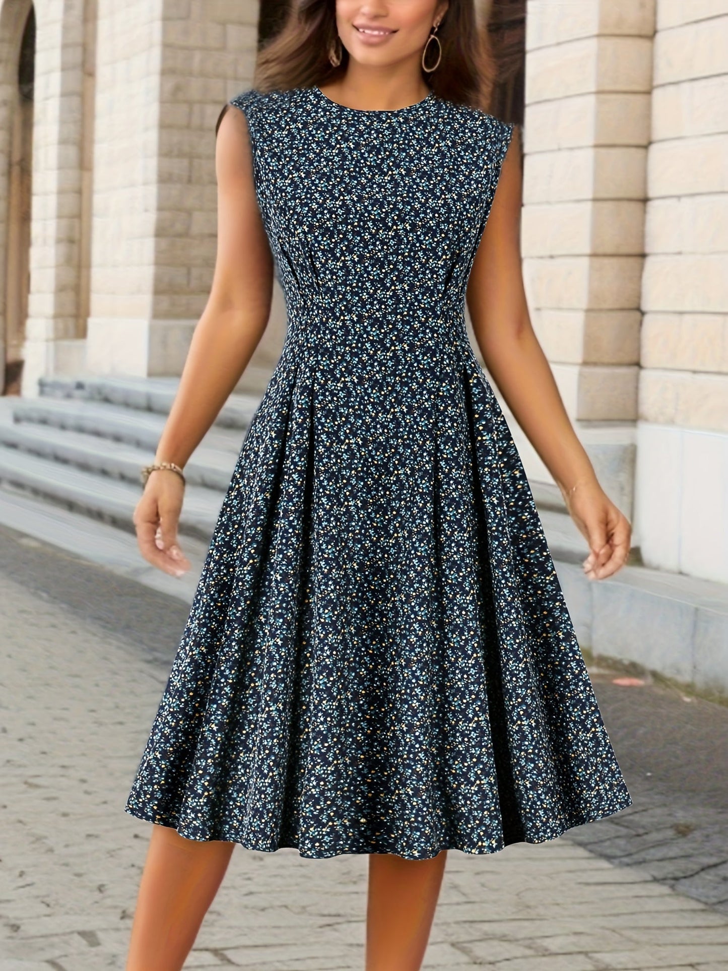 Elegantes Sommerkleid – Ärmelloses A-Linien-Midikleid mit Blumenmuster