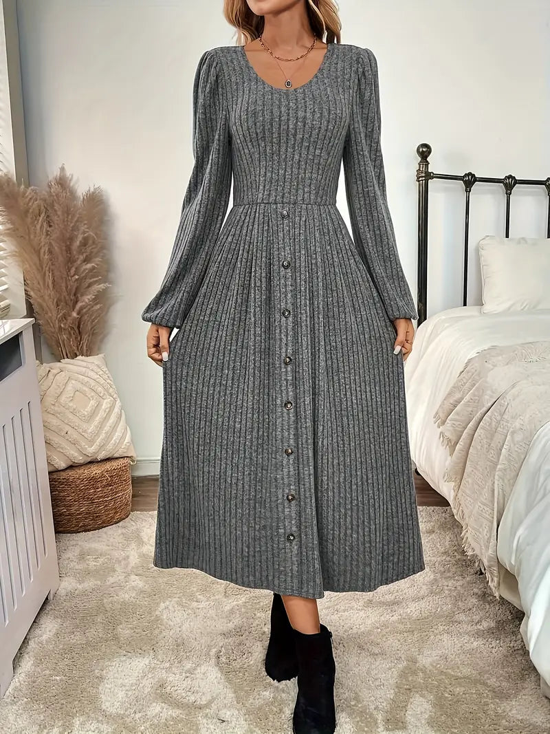 Elegantes A-Linien Strickkleid für Frauen – Stretch Fit mit Fake Knöpfen
