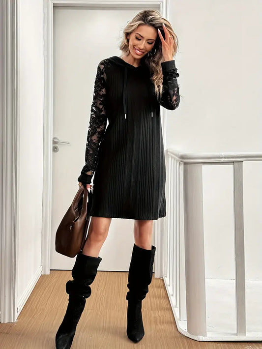Hoodie-Kleid mit Spitze – Schwarzes Langarm-Sheath