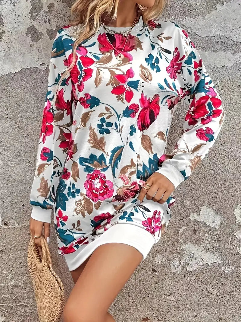 Langärmeliges Kleid mit Blumenmuster und Boho-Ausschnitt im Vintage-Look,