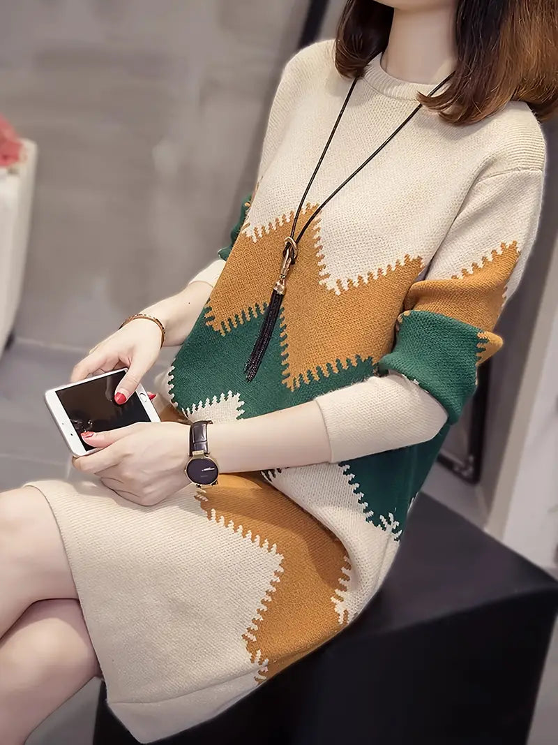 Langärmliges Kleid mit Streifenmuster, lässiger Rundhalsausschnitt mit Farbblock