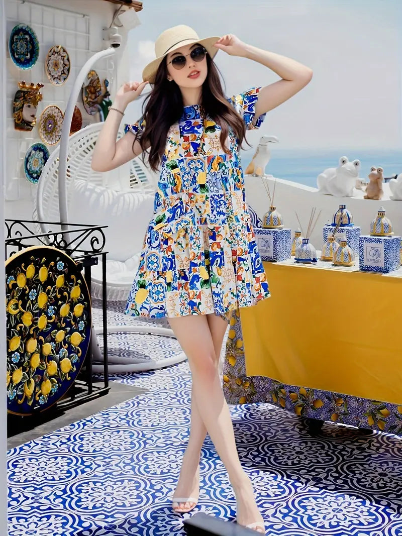 Kurzärmeliges Kleid mit Blumendruck