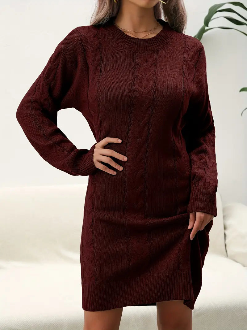 Kabelstrick-Sweaterkleid – Langarm, Rundhals, Lässiger Winterlook