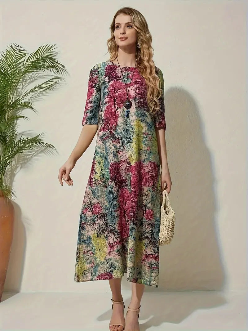 Ethnisches Kleid mit Blumendruck und Rundhalsausschnitt