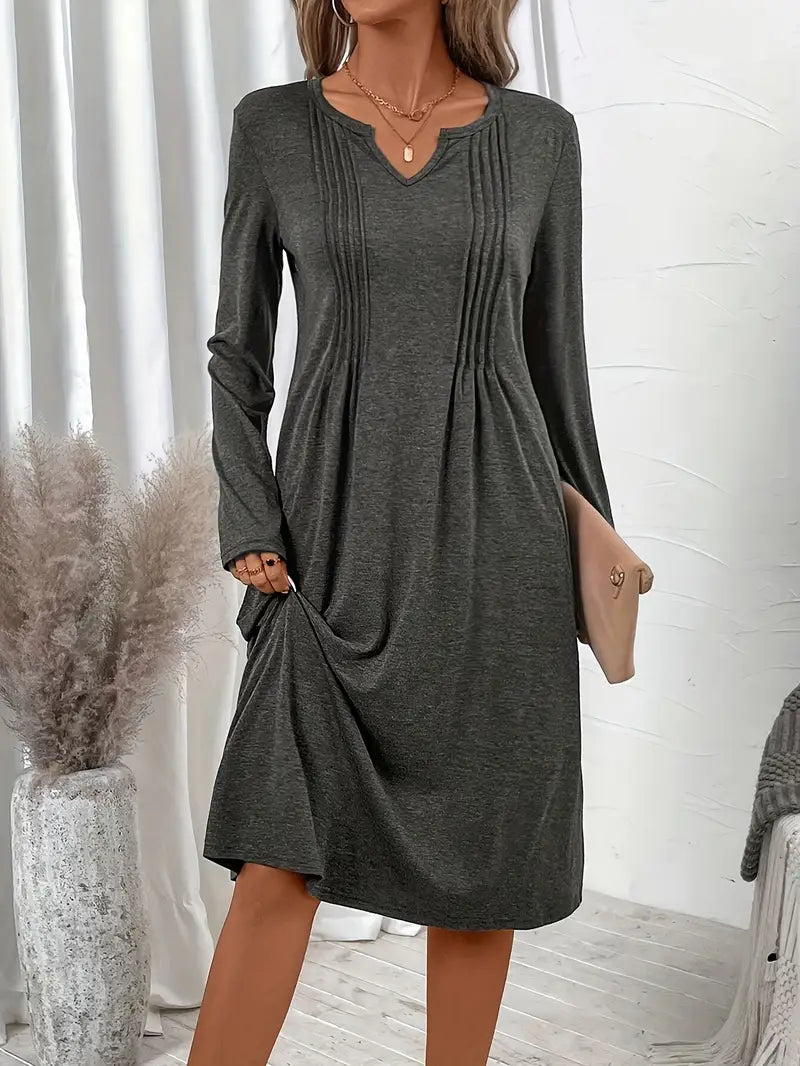 Elegantes Midi-Kleid – Langarm, V-Ausschnitt, Mit Taschen