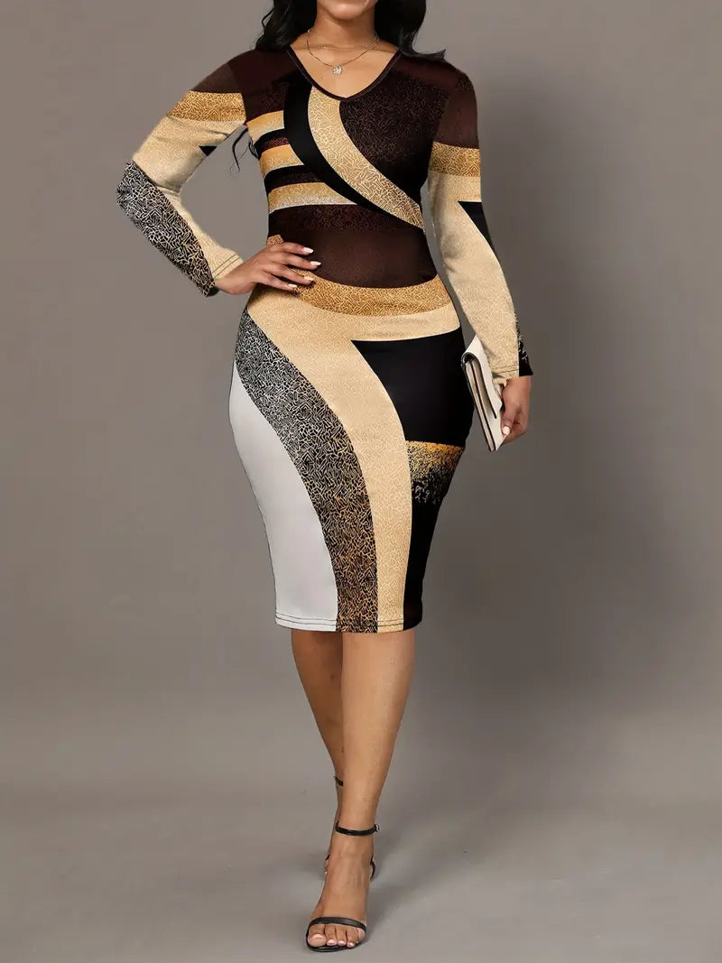 Farbblock-V-Ausschnitt-Kleid