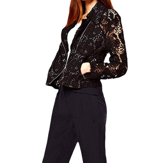 Damen Herbst Vollspitze Freizeit MetallreiBverschluss Kurze Bikerjacke
