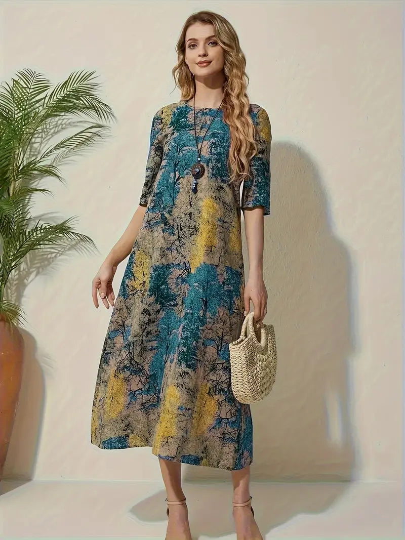 Ethnisches Kleid mit Blumendruck und Rundhalsausschnitt