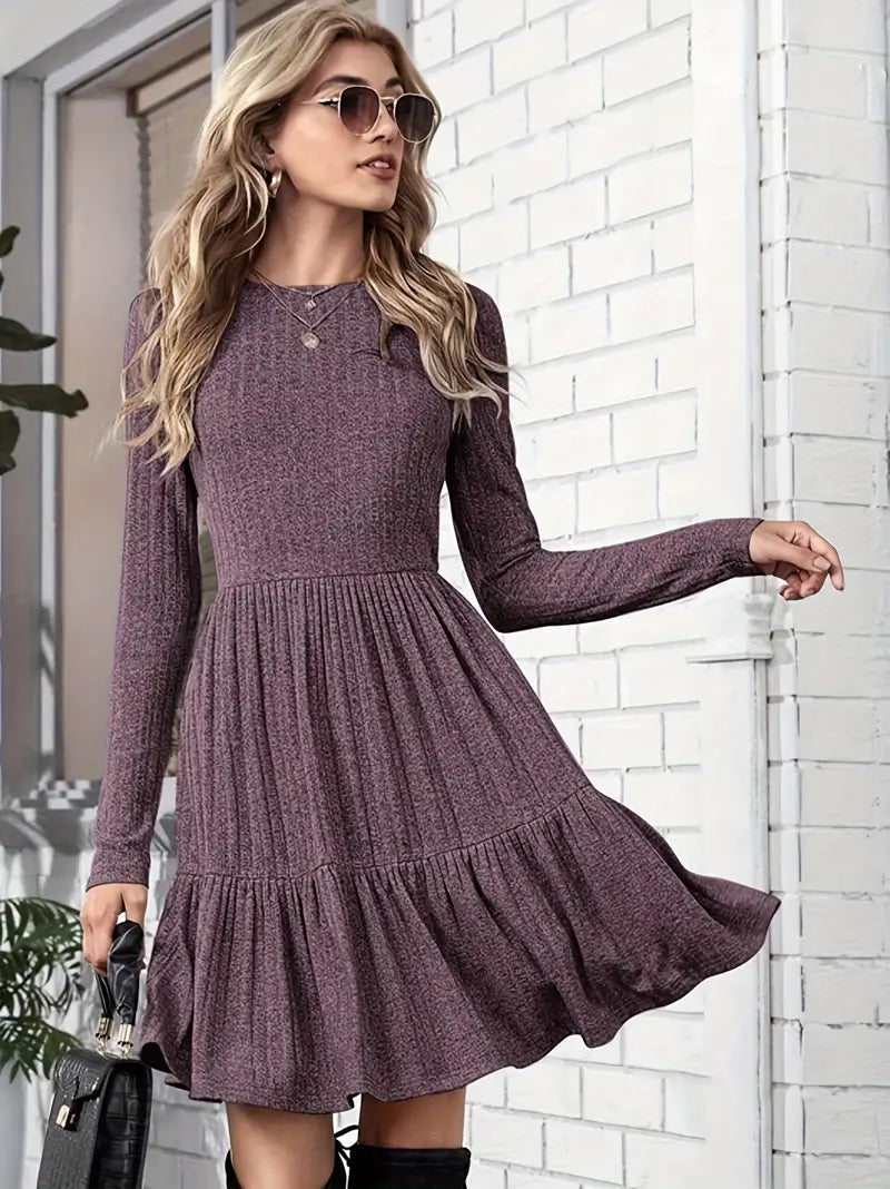 Elegantes Graues Strickkleid mit Runder Hals – Langarm, A-Linie