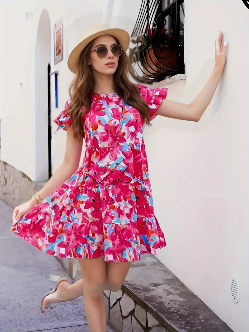 Kurzärmeliges Kleid mit Blumendruck