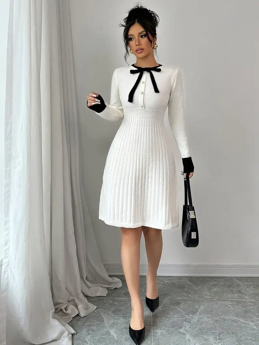 Damen Viskose Strickkleid – Blockfarben mit schwarzem Schleifenband