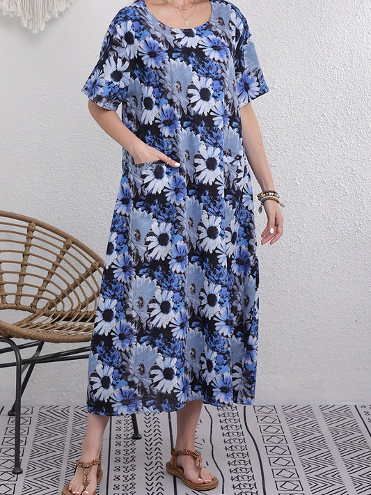 Boho-Chic Leinenkleid mit Blumenmuster – Lässiges Sommerkleid mit Taschen