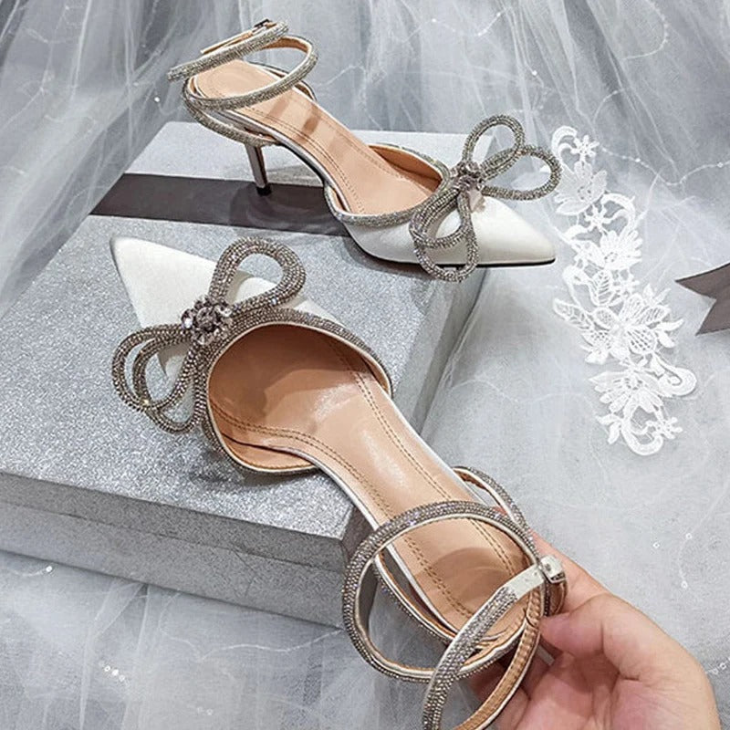 Glitter Strass Frauen Pumps Kristall Schleife Knoten Seide Spitz Zehe Schnalle Riemen Dünne High Heels