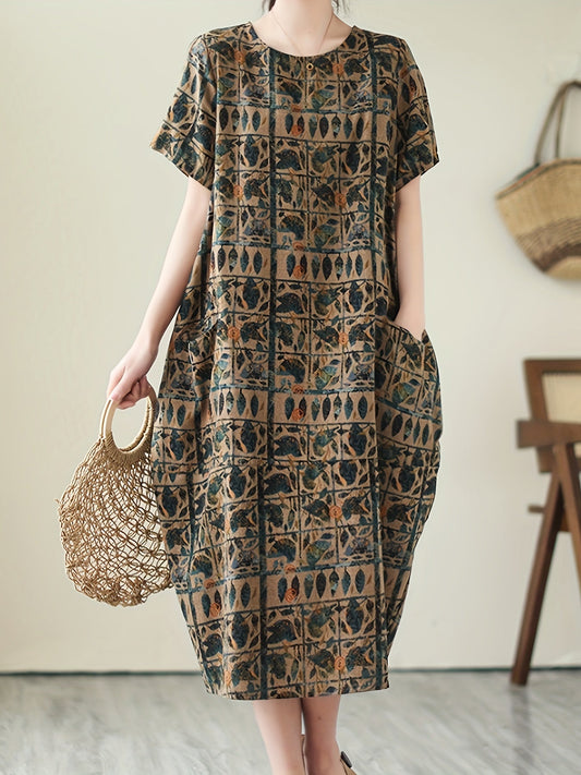 Elegantes Midikleid – Vintage-Grafik, Taschen, Luftig, Kurzarm & Bequem