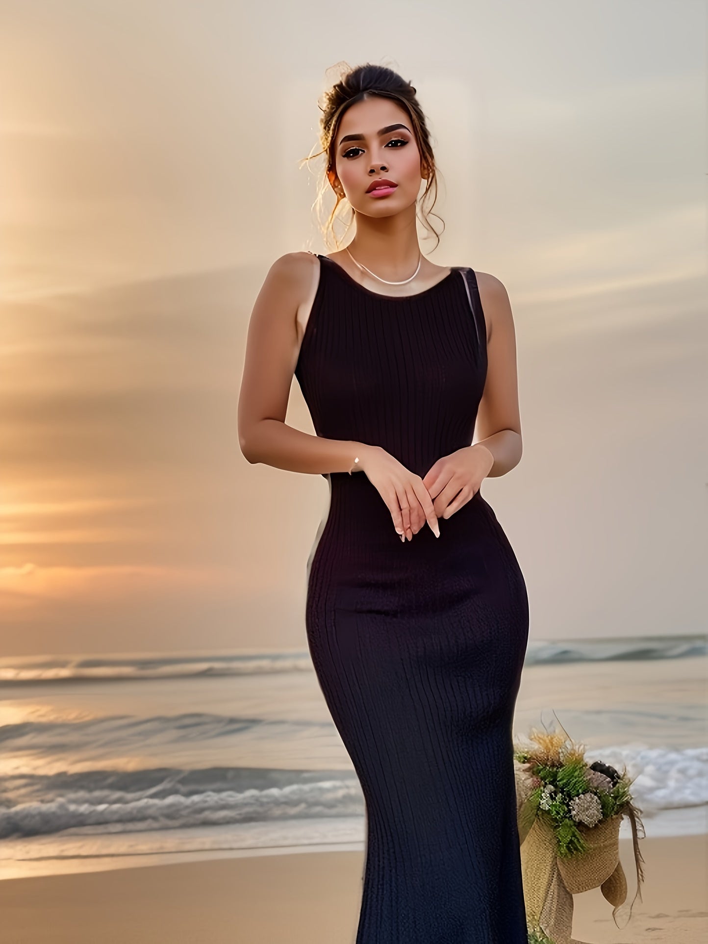 Elegantes Schwarzes gestricktes ärmelloses Maxikleid