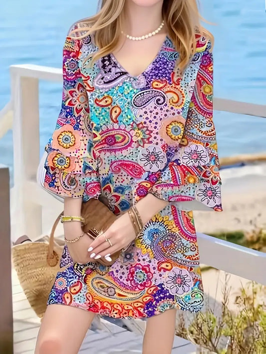 Paisley Paradies Kleid mit ausgestellten Ärmeln und V-Ausschnitt