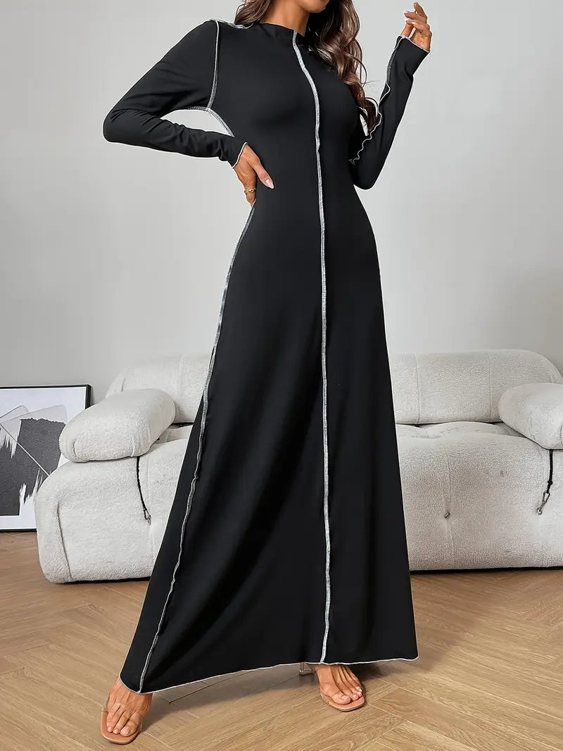 Langarm Kleid mit Stehkragen, Farbblock Design, für Herbst/Winter