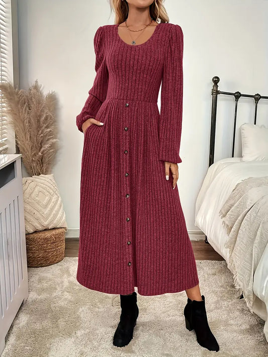 Elegantes A-Linien Strickkleid für Frauen – Stretch Fit mit Fake Knöpfen