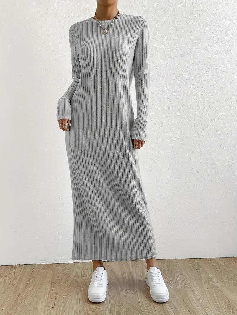 Langarm Maxi Kleid – Einfarbig, Elegantes Crewneck Design