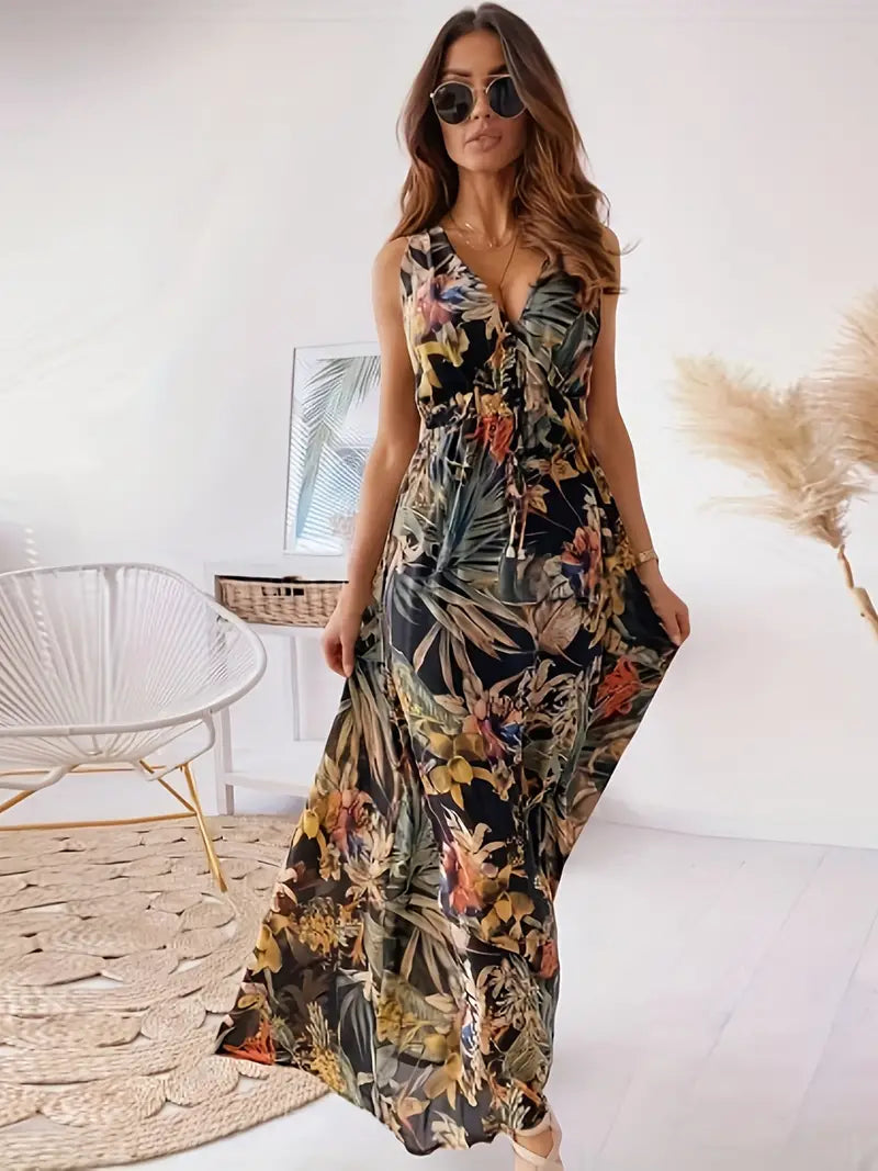 Luana - Kleid mit Kordelzug im Boho-Stil mit tropischem Print