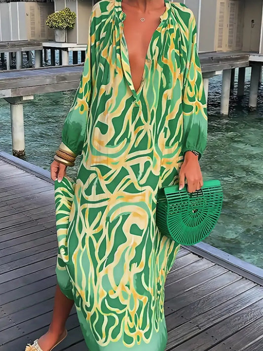 Maxikleid mit abstraktem Druck und Knopfleiste