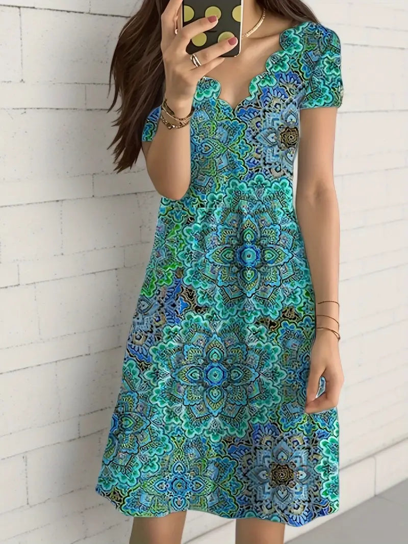 Laidey - Kleid mit unregelmäßigem Blumendruck und lässigem V-Ausschnitt und kurzen Ärmeln