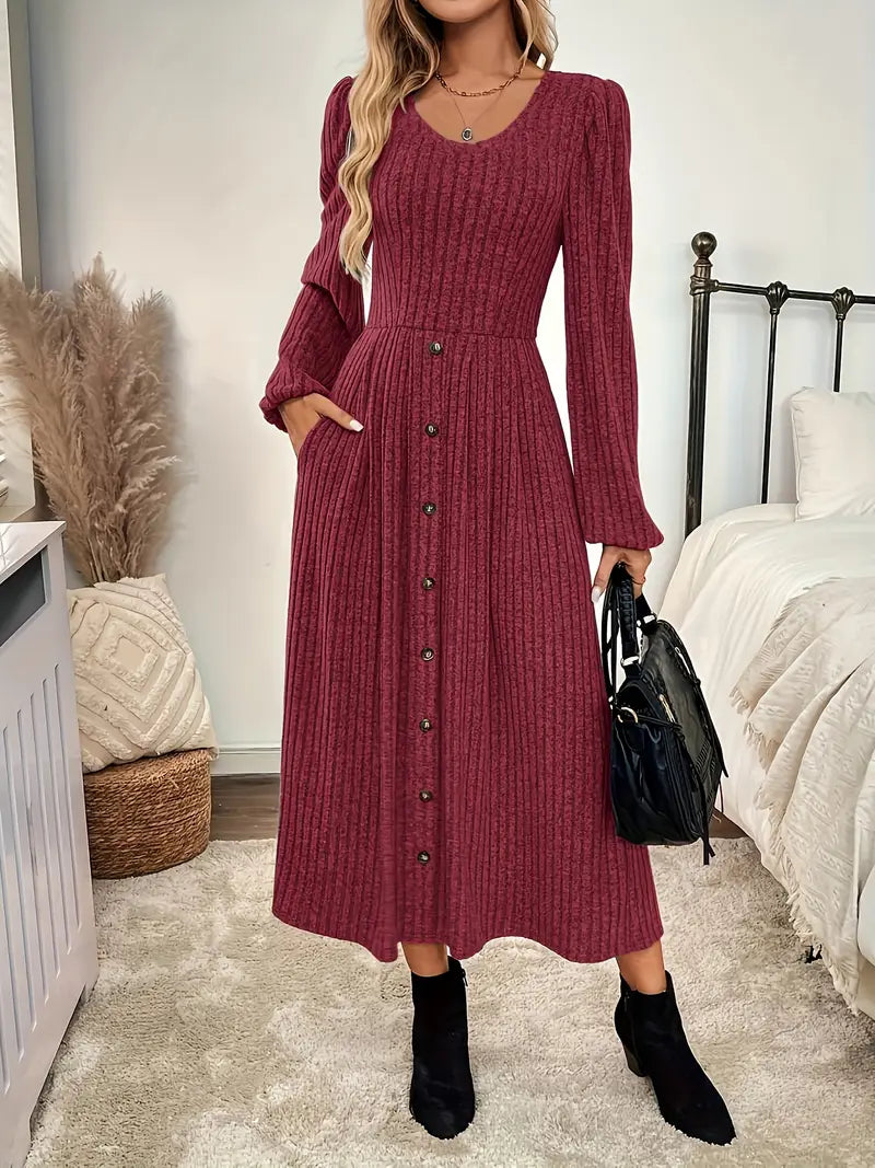 Elegantes A-Linien Strickkleid für Frauen – Stretch Fit mit Fake Knöpfen