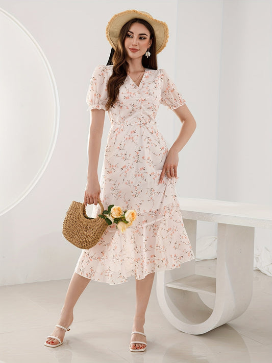 Elegantes Schößchenkleid mit Blumendruck – Kurzarm, V-Ausschnitt, Luftig & Bequem