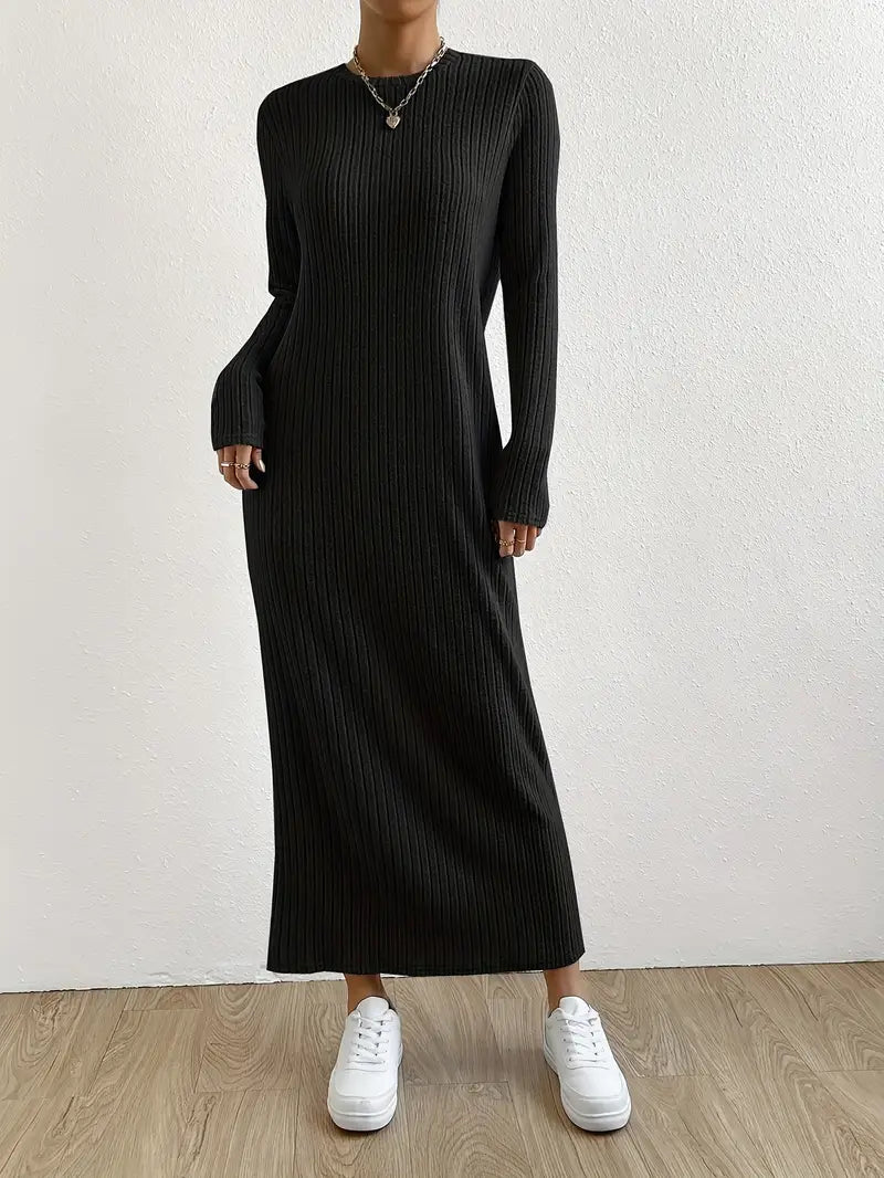 Langarm Maxi Kleid – Einfarbig, Elegantes Crewneck Design
