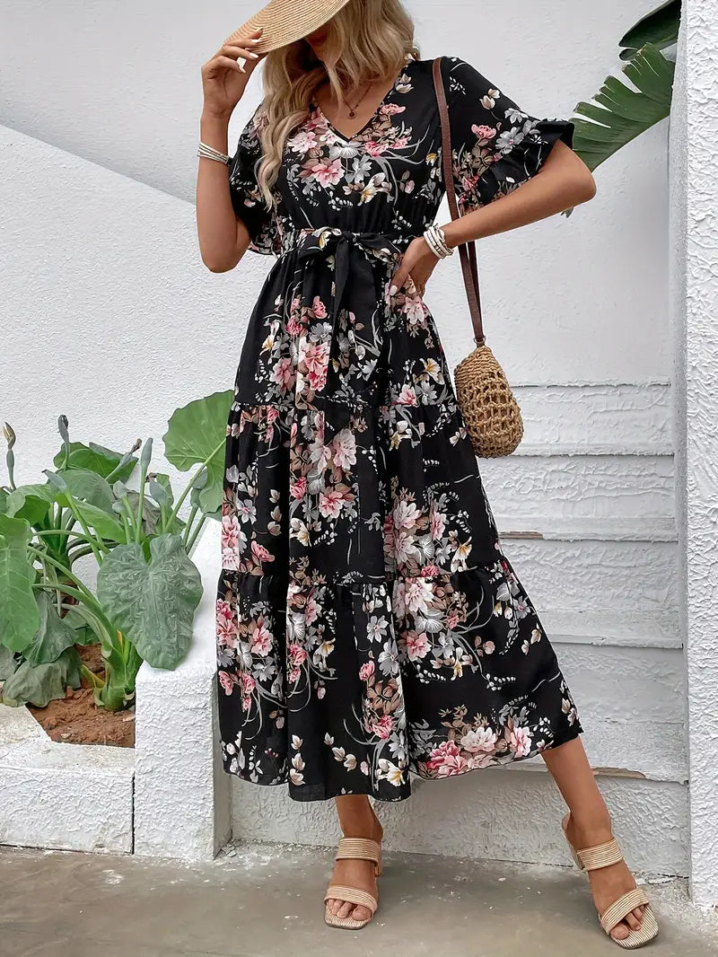 Gegürtetes Kleid mit Blumenmuster und V-Ausschnitt