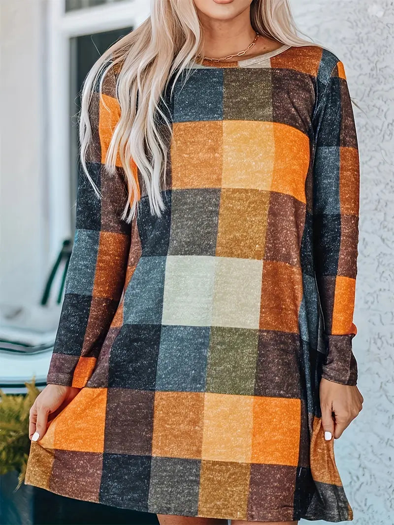 Kariertes Minikleid Lässig mit Rundhalsausschnitt und langen Ärmeln