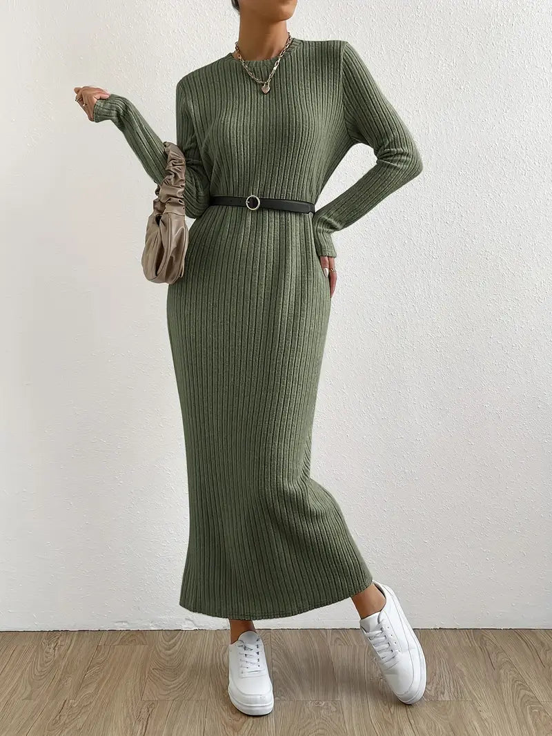 Langarm Maxi Kleid – Einfarbig, Elegantes Crewneck Design