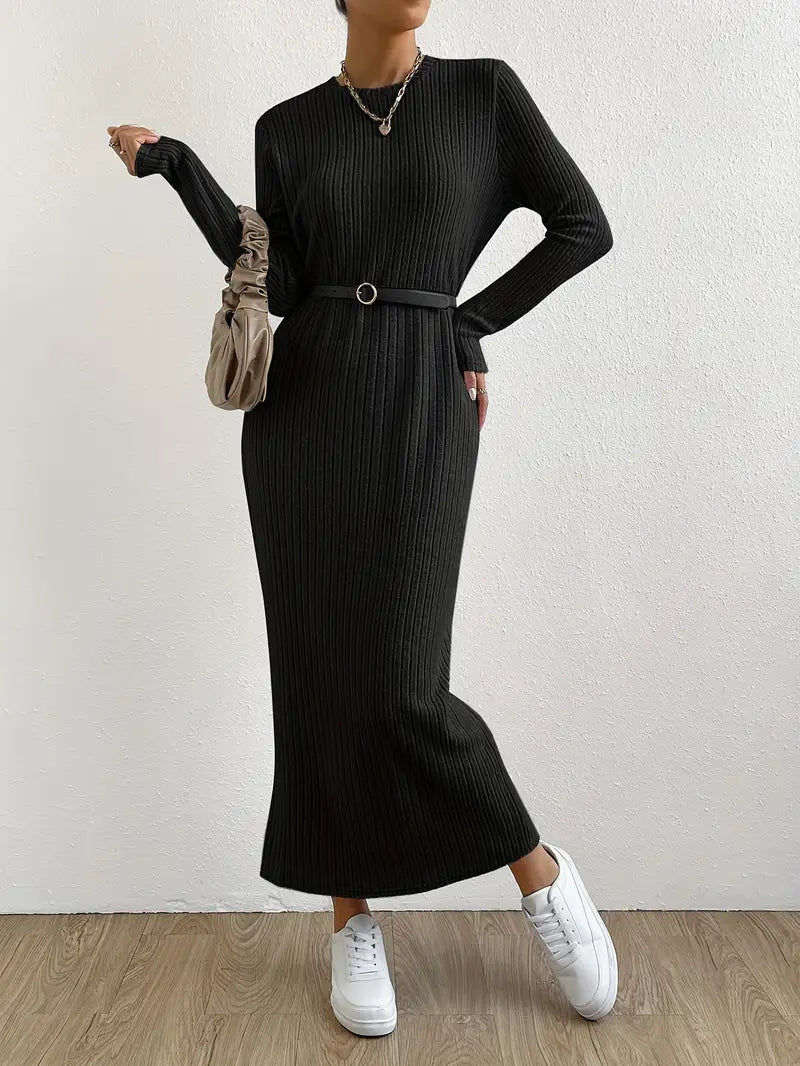 Langarm Maxi Kleid – Einfarbig, Elegantes Crewneck Design