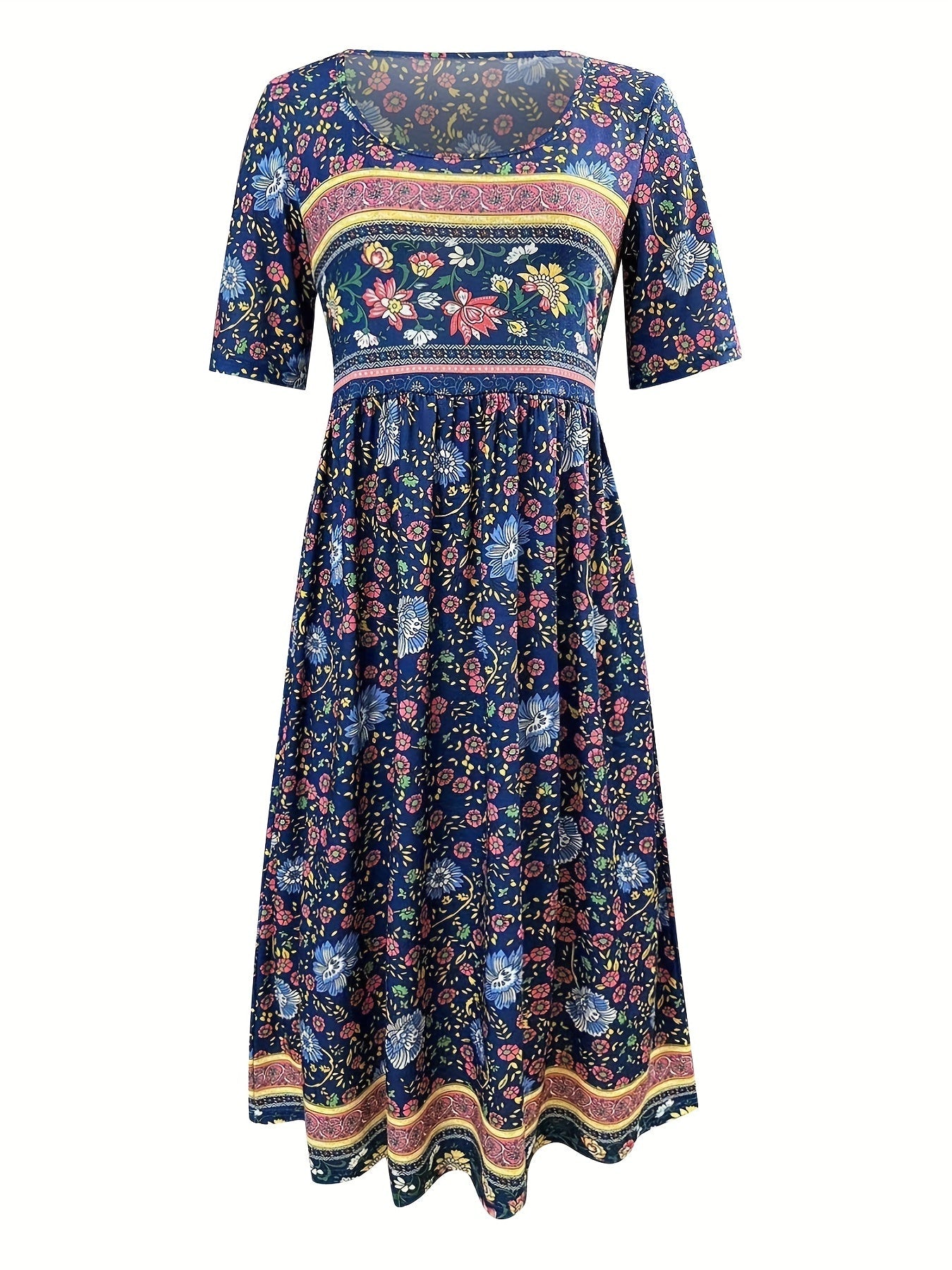 Vintage Blumenprint Kleid  Boho Hohe Taille Kurzarm Sommerkleid für Damen