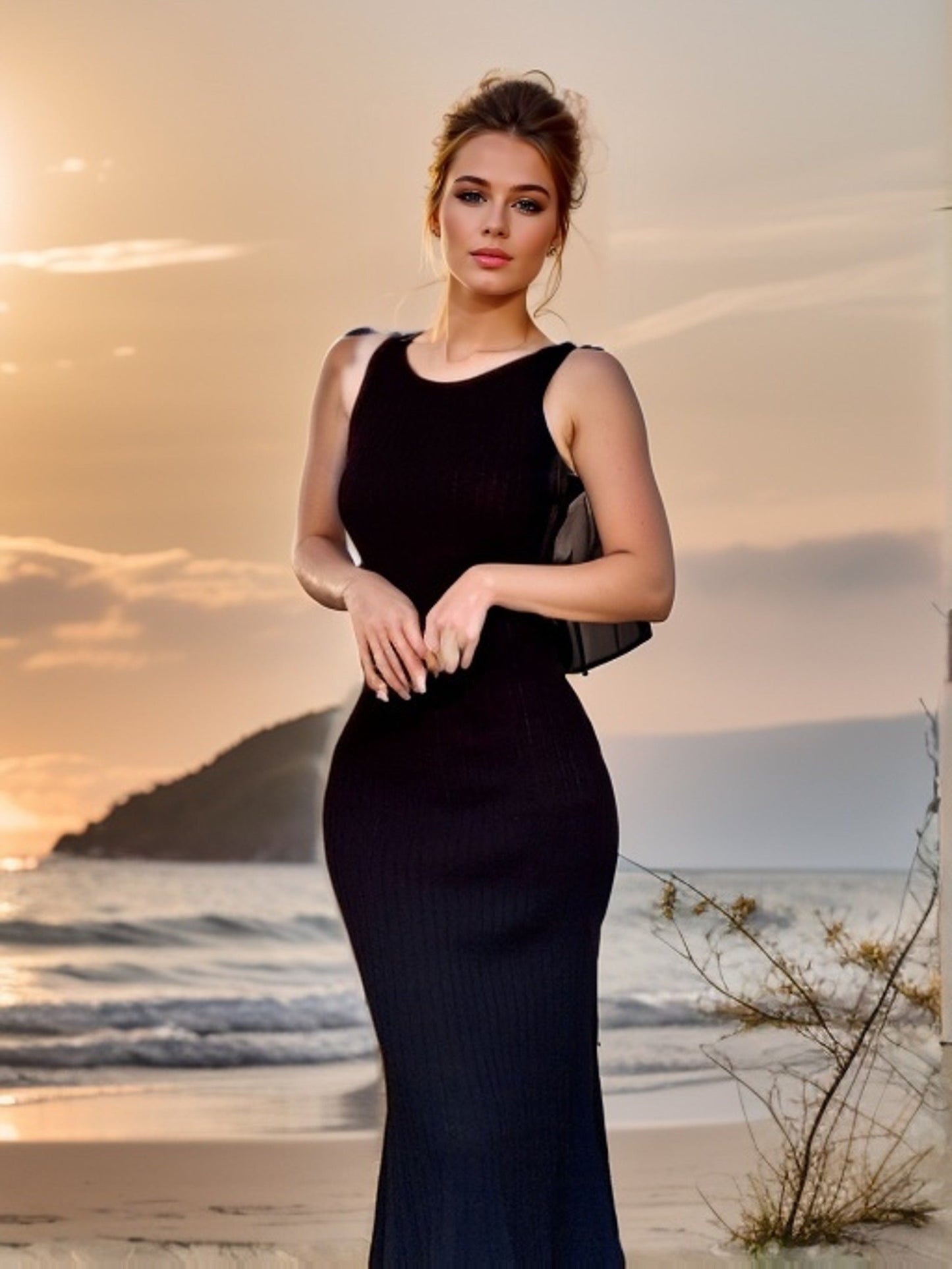 Elegantes Schwarzes gestricktes ärmelloses Maxikleid