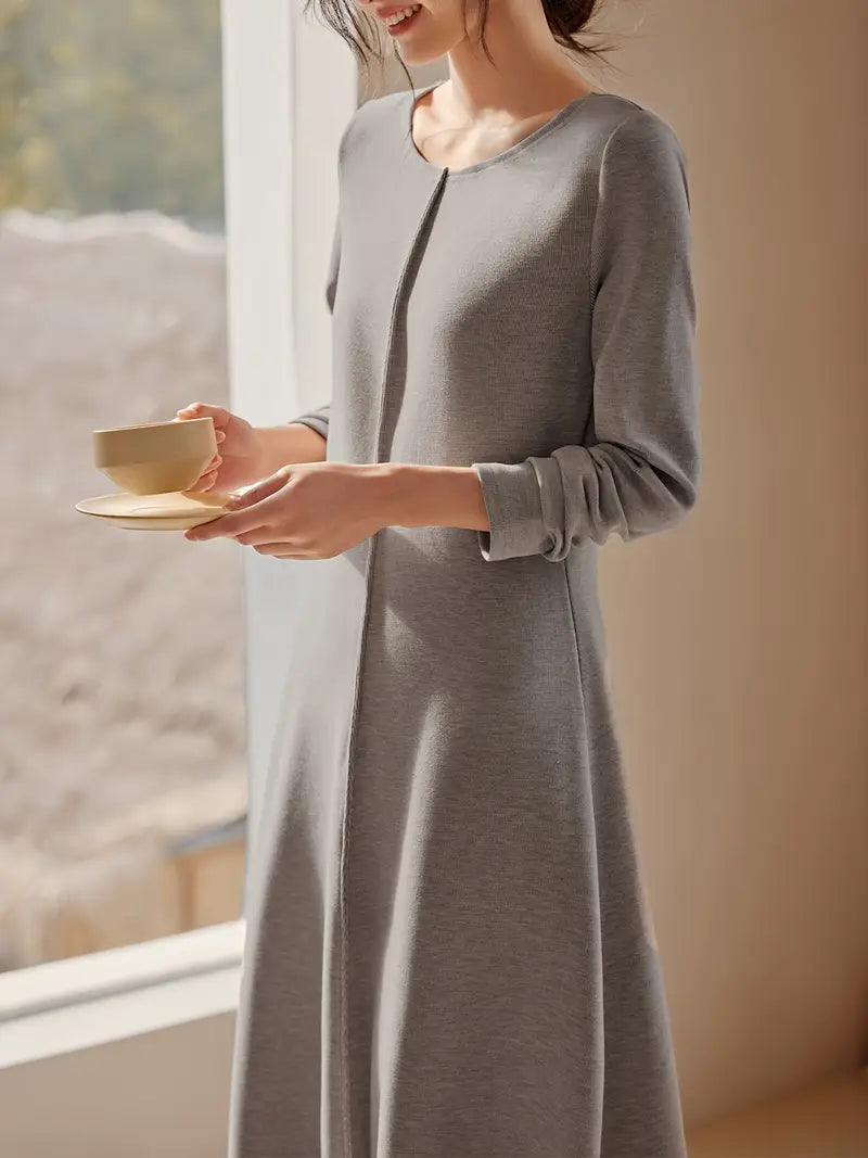 Elegantes langärmeliges Strickkleid für Frauen, Rundhalsausschnitt