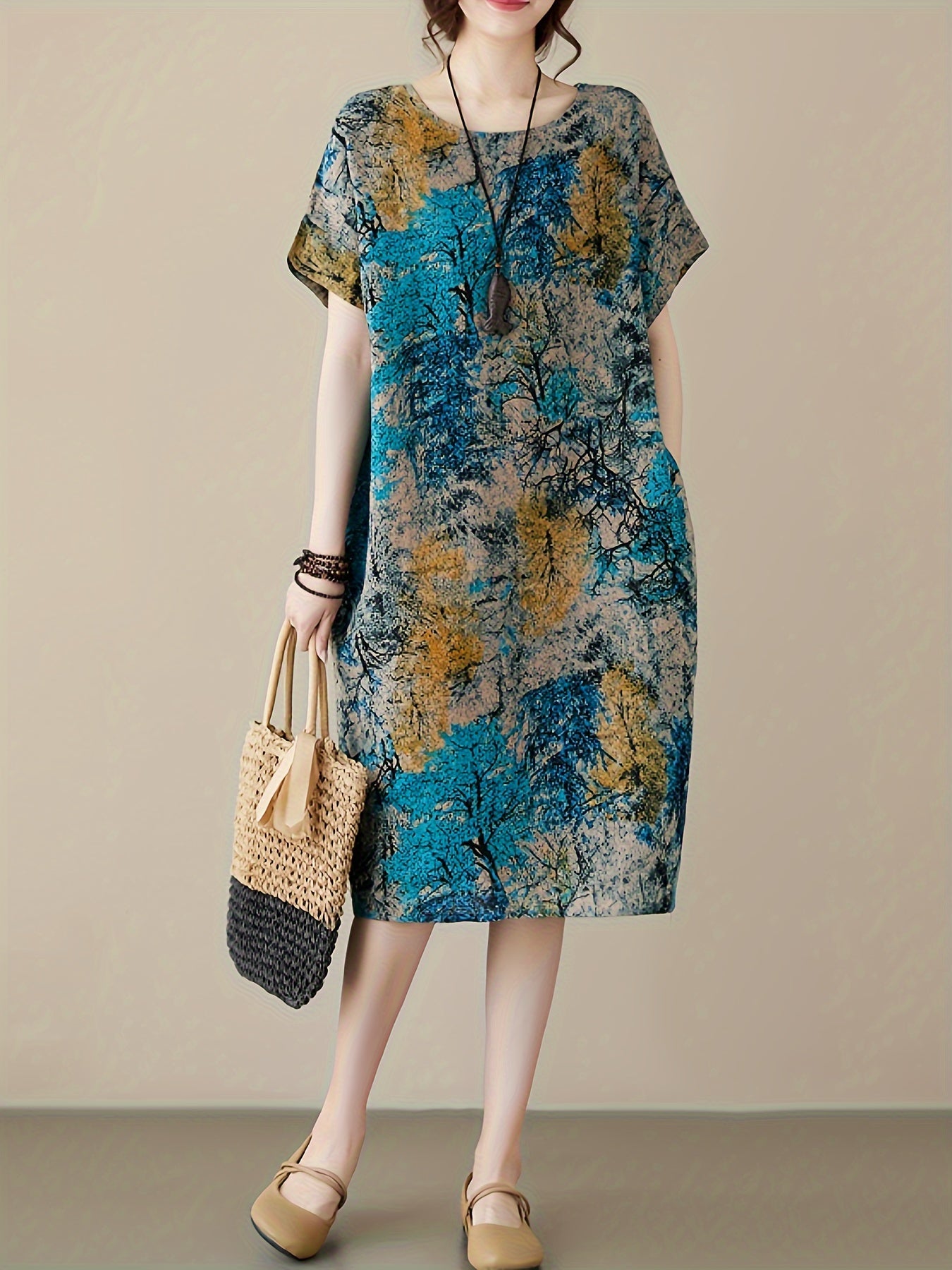 Lässiges Plus-Size Leinenkleid – Blumenkleid mit Rundhalsausschnitt & Taschen