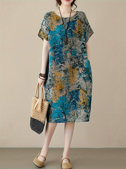 Lässiges Plus-Size Leinenkleid – Blumenkleid mit Rundhalsausschnitt & Taschen