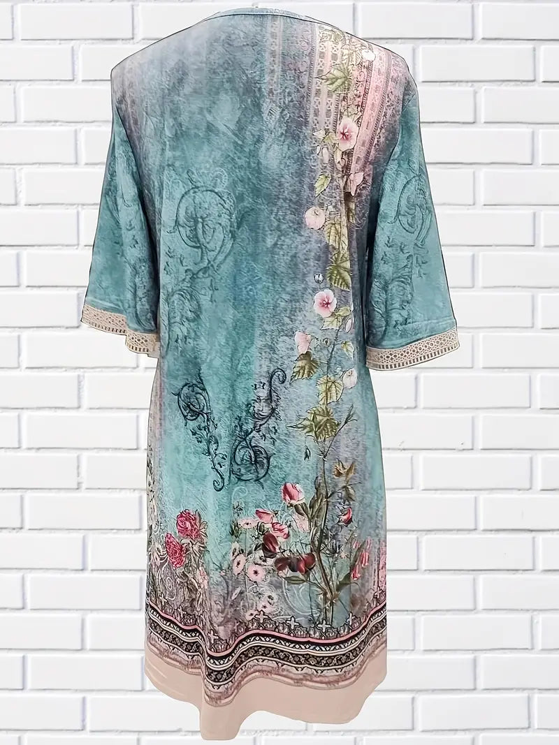 Vintage V-Ausschnitt Guipure Spitze Blumendruck Kleid