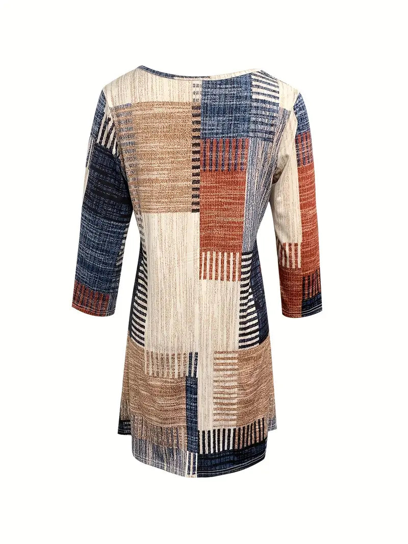 Lässiges Strickkleid mit V-Ausschnitt und A-Linie, Grafikdruck, lange Ärmel