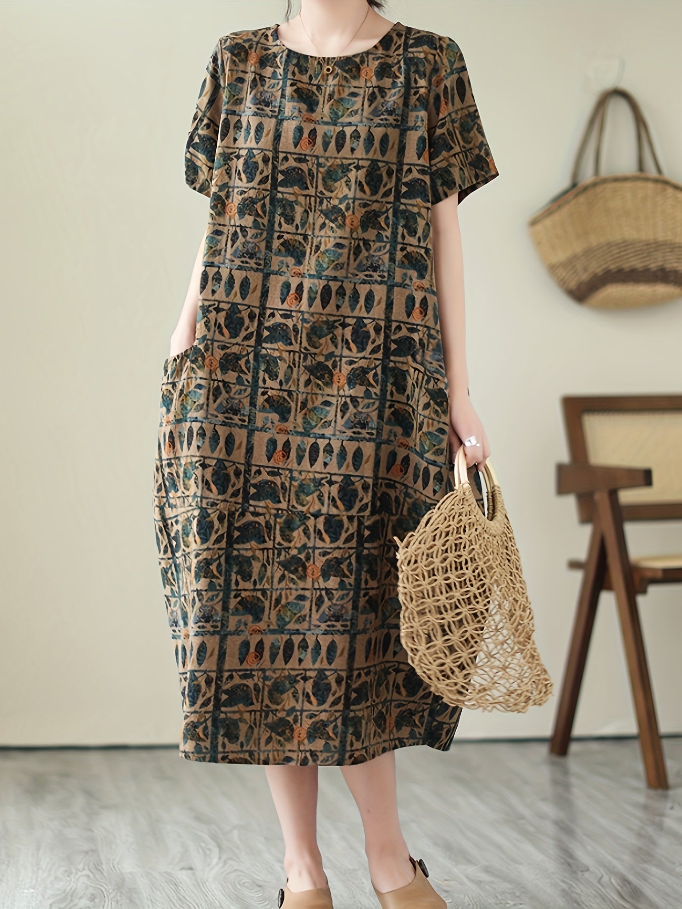 Elegantes Midikleid – Vintage-Grafik, Taschen, Luftig, Kurzarm & Bequem