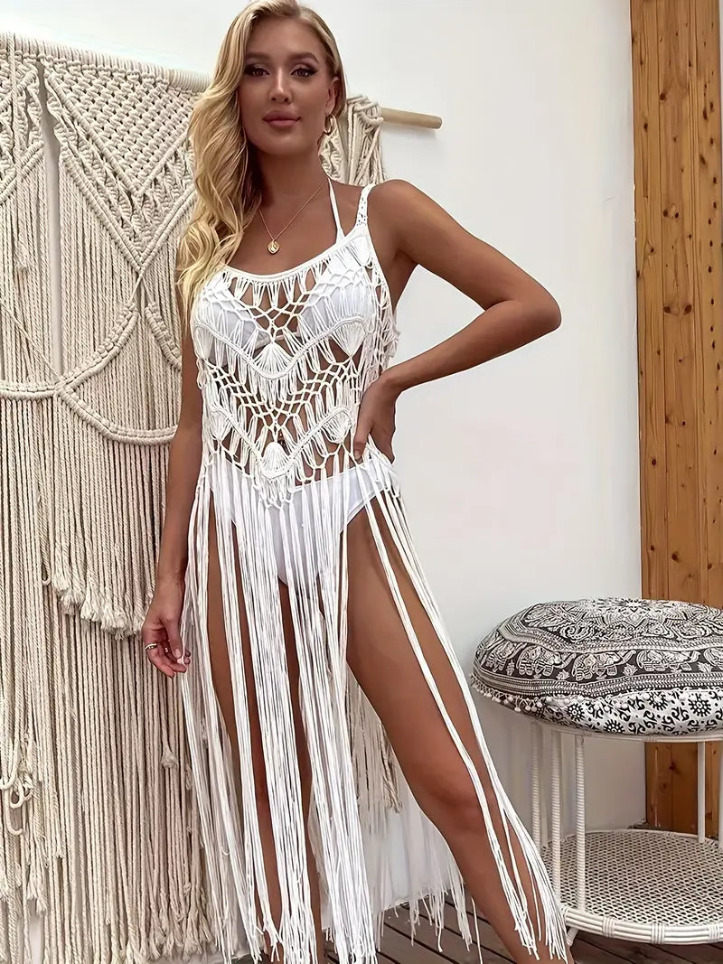 Gehäkelte Boho-Strandmode Weißes Fransen-Bedeckungskleid