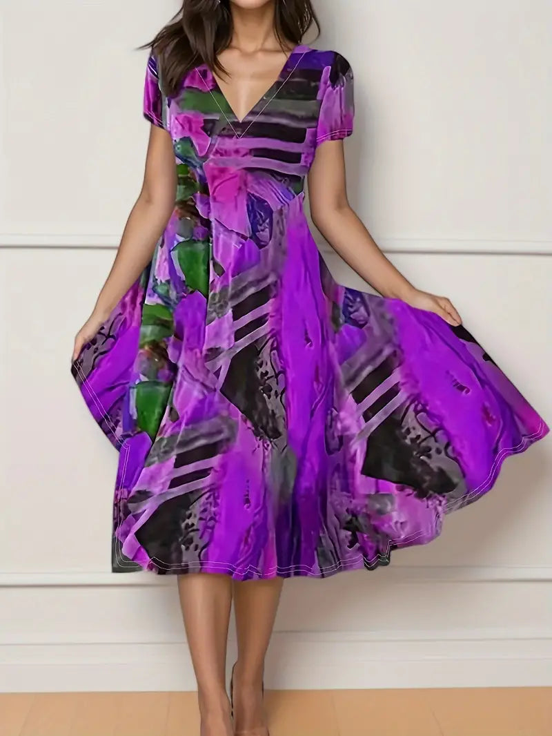 Mitzi - Böhmisches, lässiges, kurzärmliges Kleid mit V-Ausschnitt