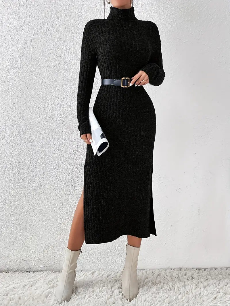 Elegantes Langarm Shift Kleid mit Turtle Neck & Schlitzsaum