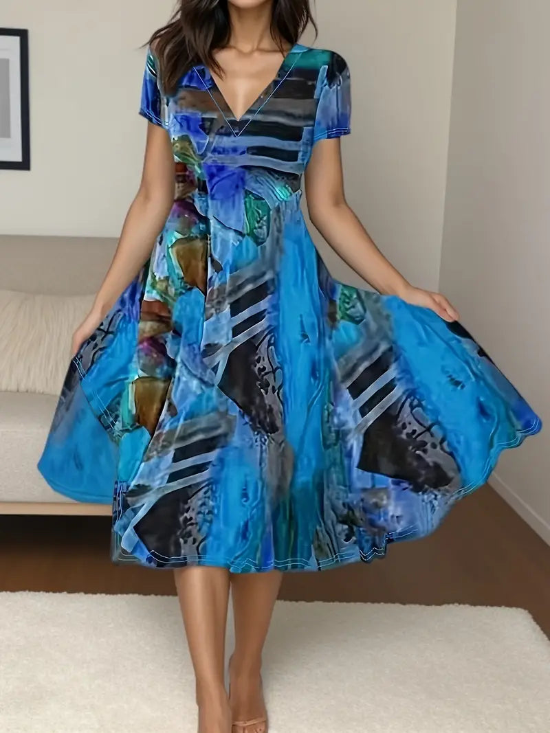 Mitzi - Böhmisches, lässiges, kurzärmliges Kleid mit V-Ausschnitt